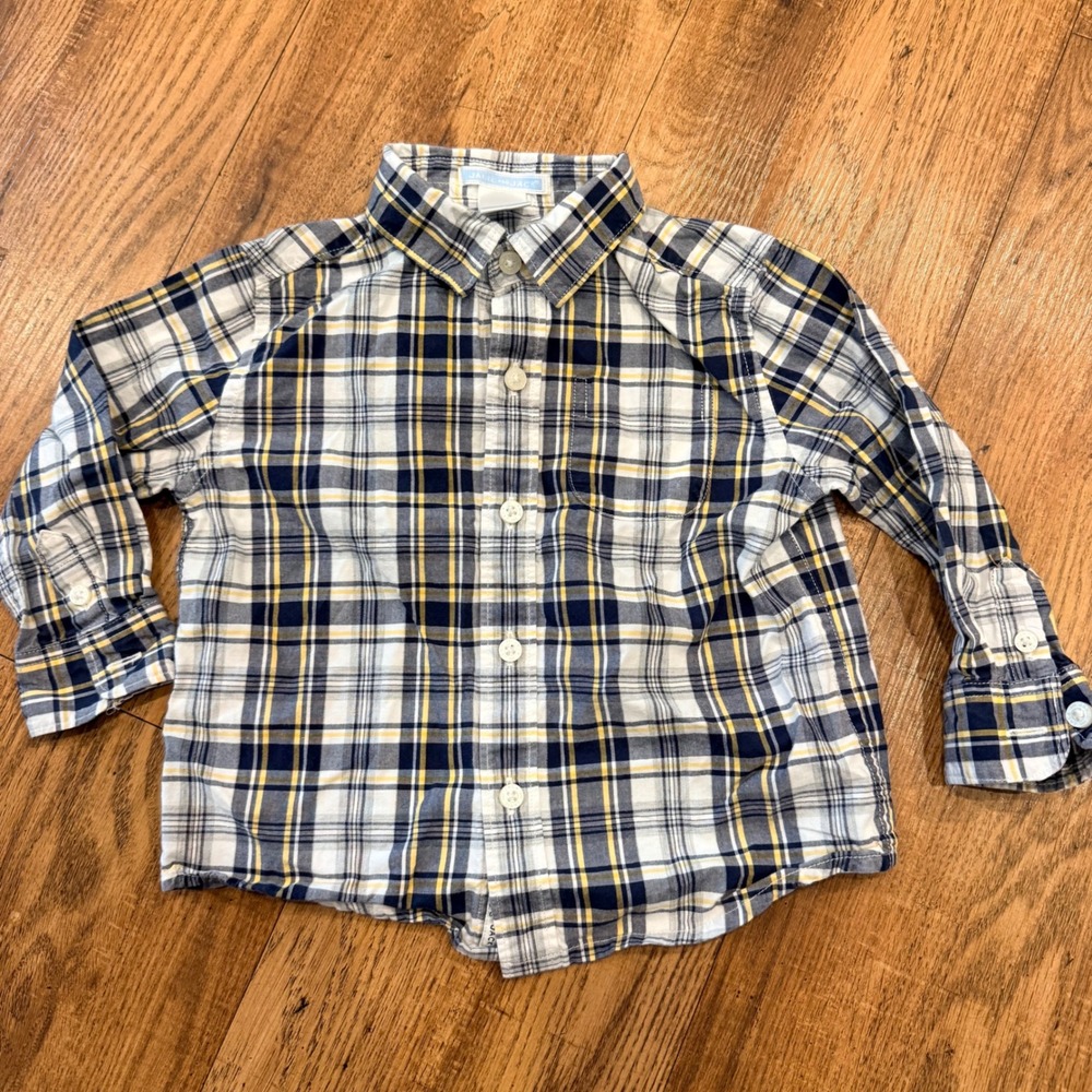 Janie and Jack Boys Navy Yellow Plaid Button Down Shirt 18-24 Months Cotton